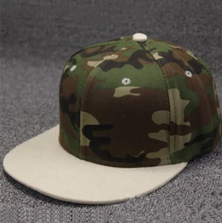 Camo snapback cap with flat brim, cotton polyester, adjustable closure, shown in black, blue, camouflage, and navy blue.
