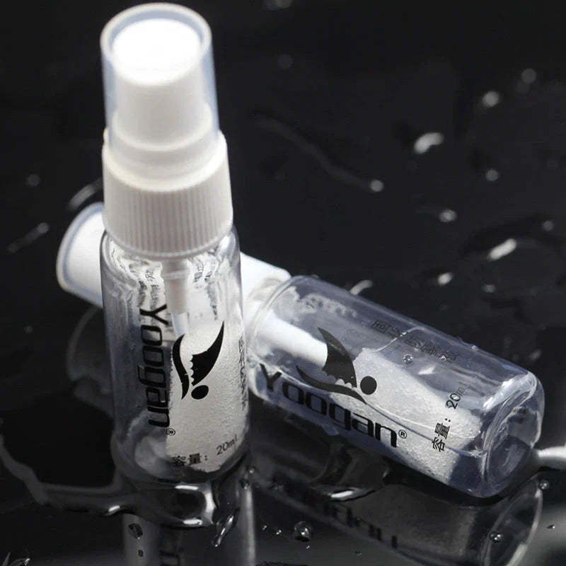 Anti-fog liquid bottle with spray nozzle for eyewear fog prevention