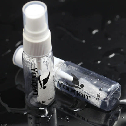 Anti-fog liquid bottle with spray nozzle for eyewear fog prevention
