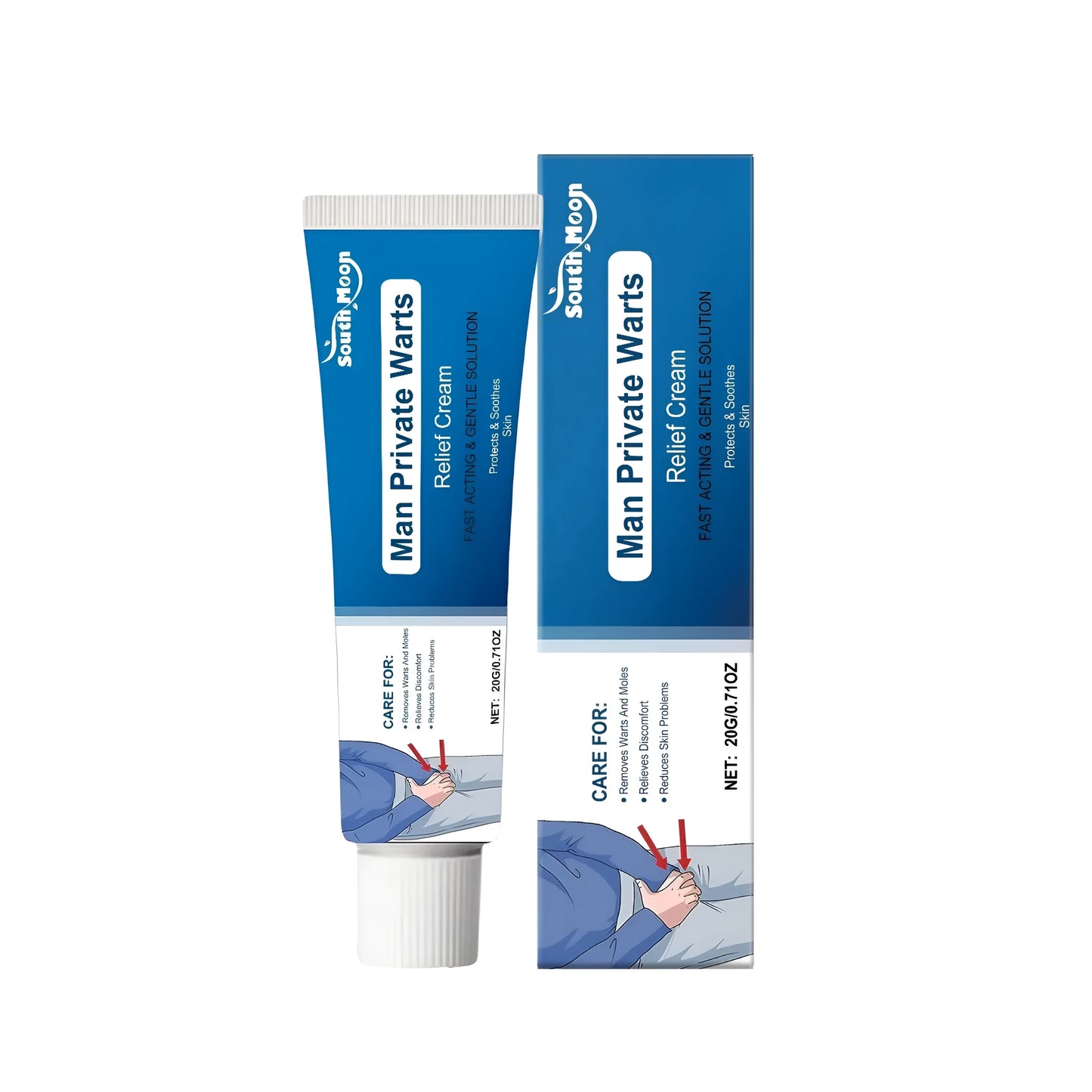 20g tube of men's wart removal and soothing cream with salicylic acid, mint, and aloe ingredients.