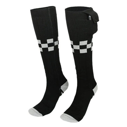 Black and grey mesh smart heating socks with USB cable and battery for skiing.