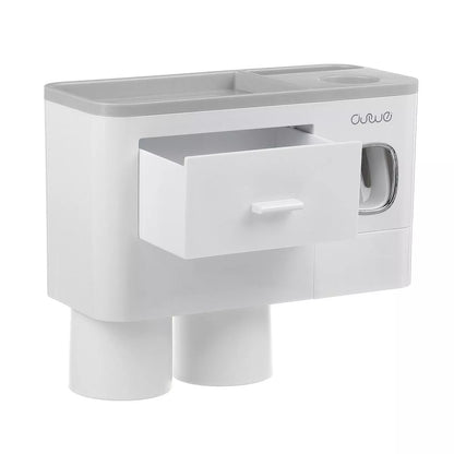 Non-marking hanging magnetic toothbrush holder with toothpaste squeezer and quick-drying cups