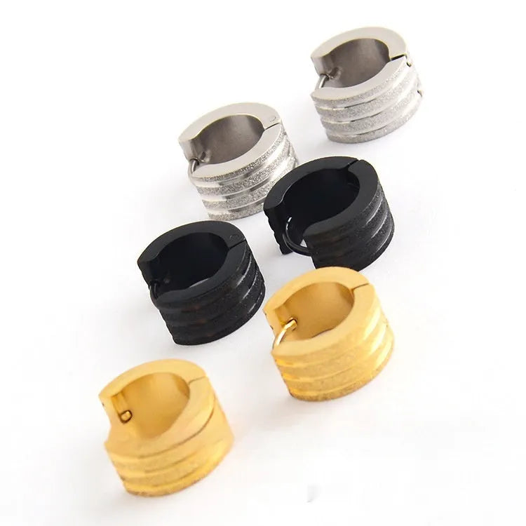 Titanium steel frosted geometric earrings in black, gold, or steel colour with three-line Korean style design