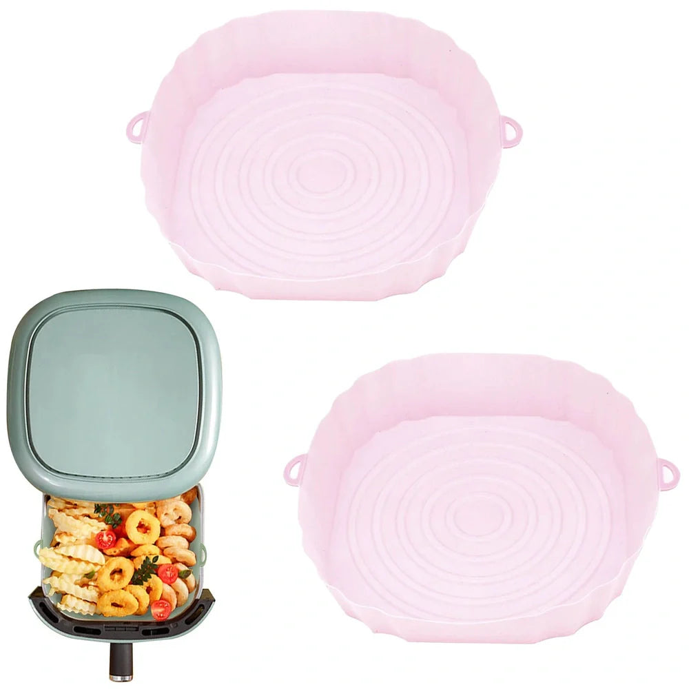 Silicone air fryer baking tray with 4.5cm depth in light grey, pink, brown or green