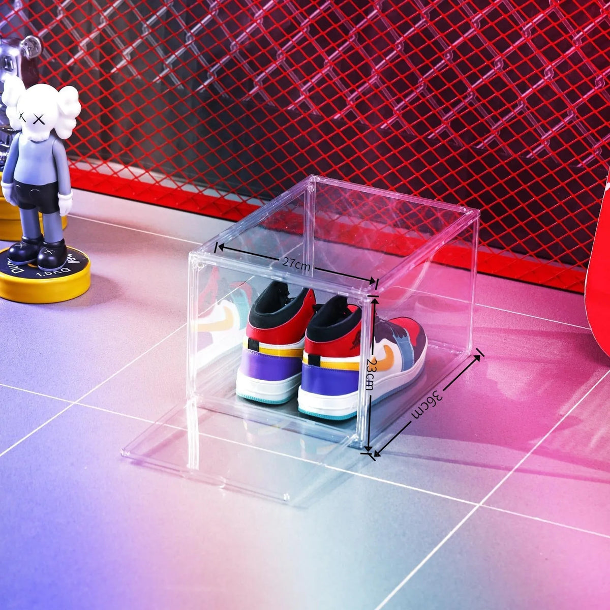 Large transparent acrylic shoe storage box with magnetic side door lid for footwear organisation