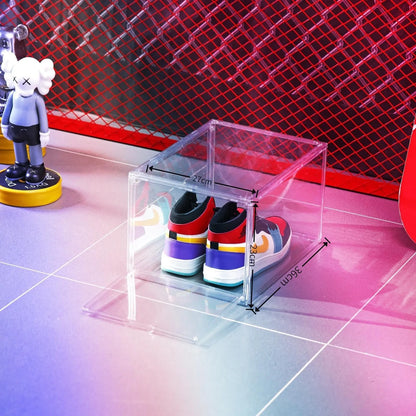 Large transparent acrylic shoe storage box with magnetic side door lid for footwear organisation