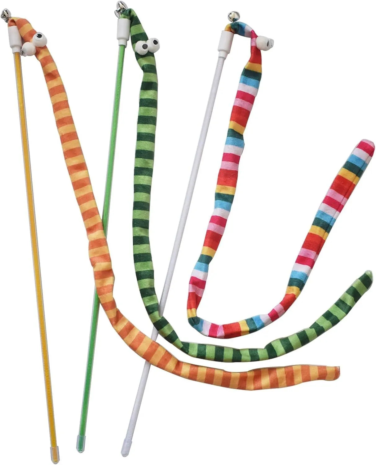 Interactive cat wand toy with a polycarbonate handle and a long green plush strip with a bell.
