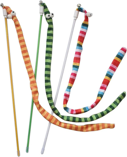 Interactive cat wand toy with a polycarbonate handle and a long green plush strip with a bell.