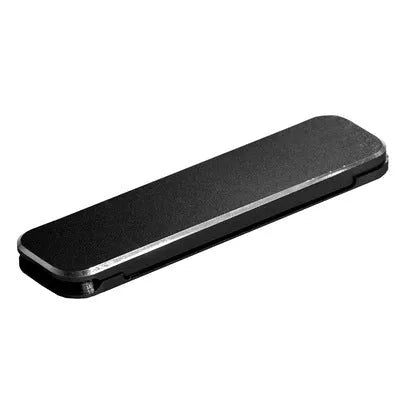 Aluminium folding mobile phone holder with backstick adhesive shown in black colour at 4mm thickness