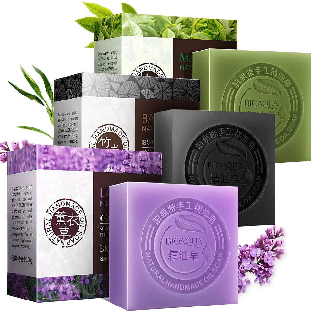 BIOAQUA 100g handmade essential oil soap bar with bamboo charcoal for acne cleansing and olive oil hydration