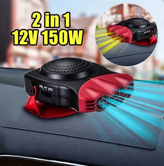 Compact in-car windscreen defroster with dual heating and cooling modes, designed for British drivers to quickly clear frost, mist and condensation for improved visibility and safer driving