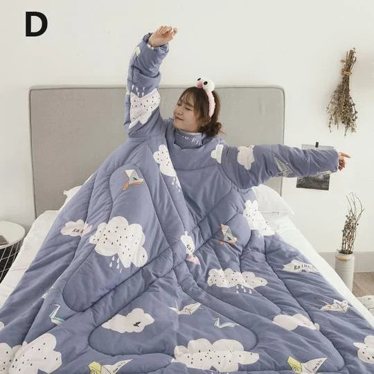 Cozy heated blanket with sleeves for comfortable lounging and hands-free relaxation