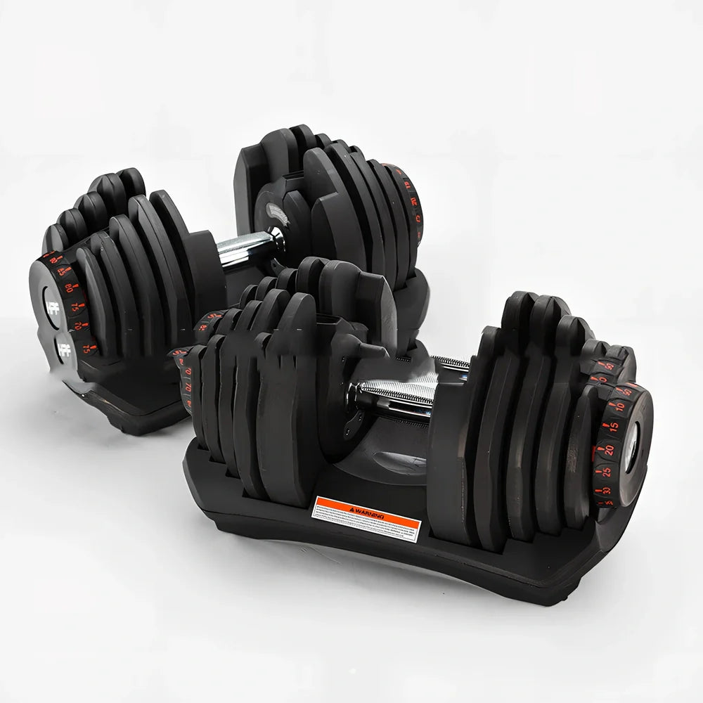 Black automatic adjustable dumbbell with dial weight selector showing 5kg to 25kg range