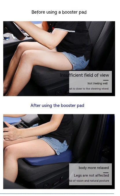 Black car seat cushion with thick butt support measuring approximately 42 x 39 x 6 cm