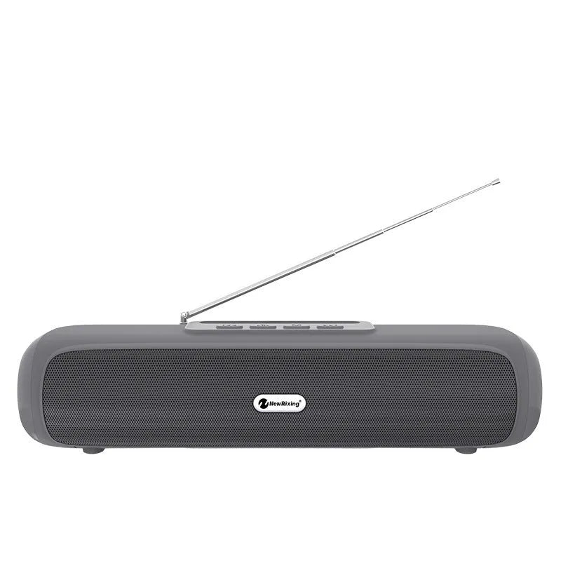 Long strip wireless desktop subwoofer speaker in black, blue, red, or silver grey colour options.