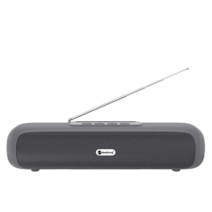 Long strip wireless desktop subwoofer speaker in black, blue, red, or silver grey colour options.