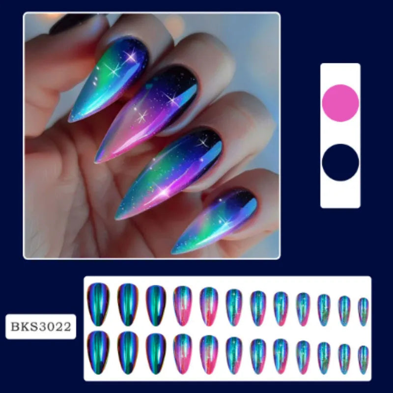 Wear Armour medium almond frosted nail stickers showing four designer patterns including French leaves and leopard print