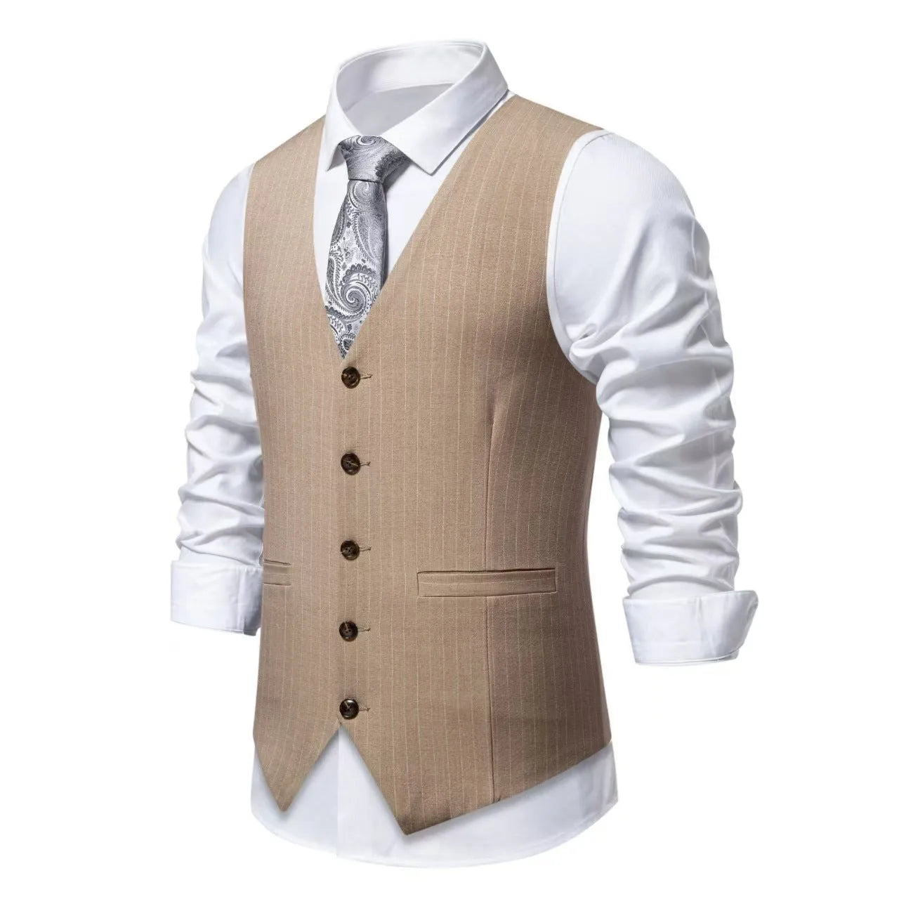 A man's striped suit vest with a non-ironing finish, shown in a red stripe pattern with a mitered hem.