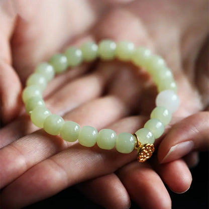 Green Hetian jade bracelet with vintage beads in ethnic style for women