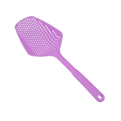 Large black nylon strainer scoop with long handle for draining food from hot pans in the kitchen.