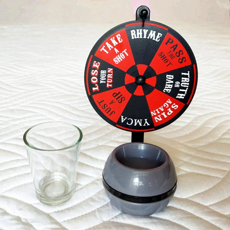 Rotatable drinking game set with plastic turntable and glass wine glass