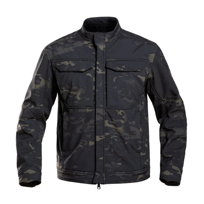 Bone Frog Peak Breaker soft shell tactical jacket in black camouflage colour for outdoor mountaineering.