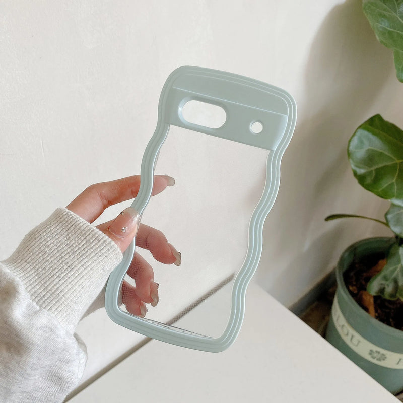 Two-in-One Wave Shell Transparent Mobile Phone Case with PC Colour Hem, Shockproof TPU Bumper, Three-Dimensional Ins Style for Google Pixel 10 Pro, 9 Pro, 7a, 8a, 9a, Black Blue Pink White