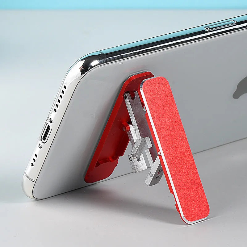 Aluminium folding mobile phone holder with backstick adhesive shown in black colour at 4mm thickness