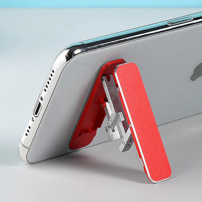 Aluminium folding mobile phone holder with backstick adhesive shown in black colour at 4mm thickness