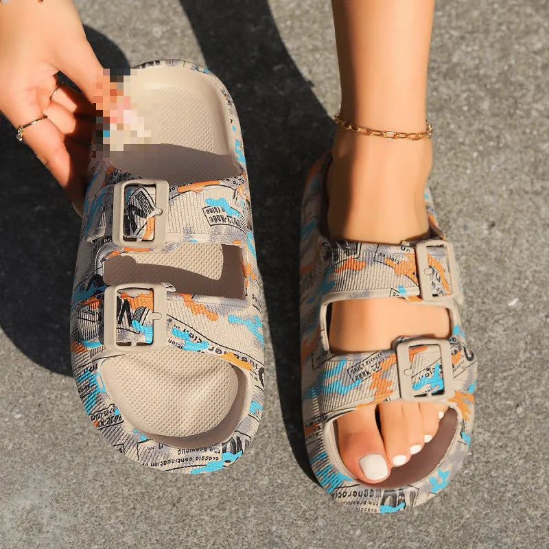Women's thick sole EVA slippers in leopard print design for bathroom and beach use.