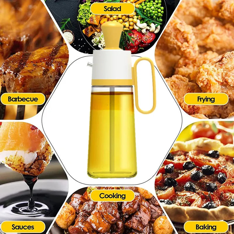Yellow 2-in-1 oil dispenser with silicone brush, 550ml glass bottle with stainless steel nozzle