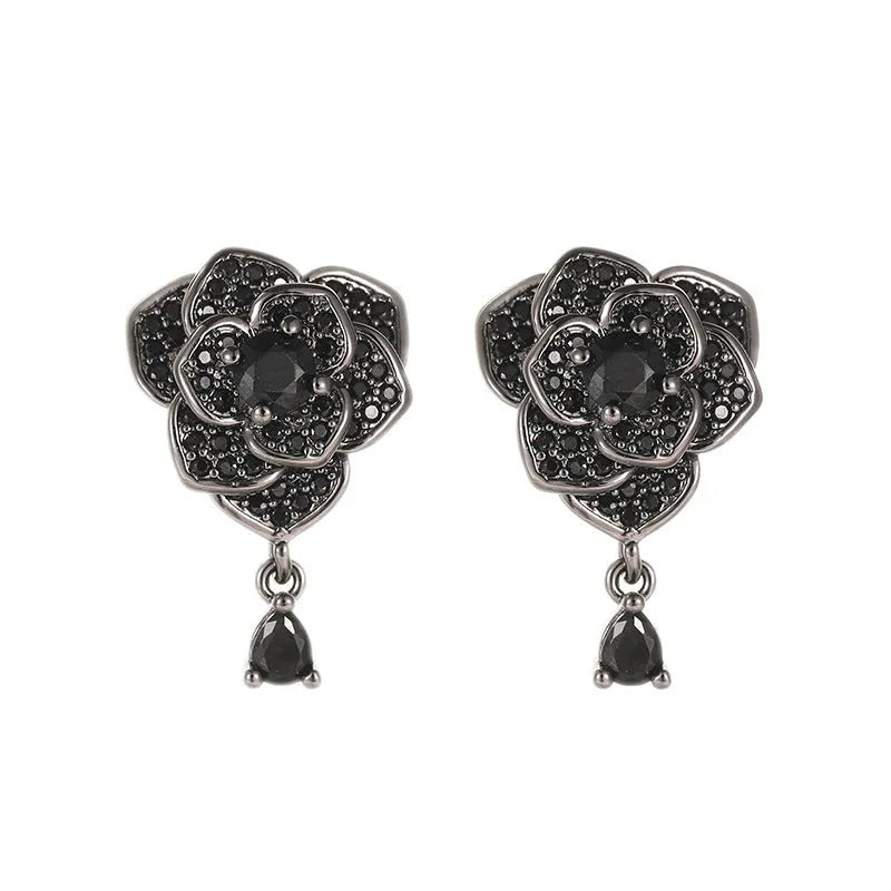 Black rose zircon flower stud earrings for women with 18K gold electroplating