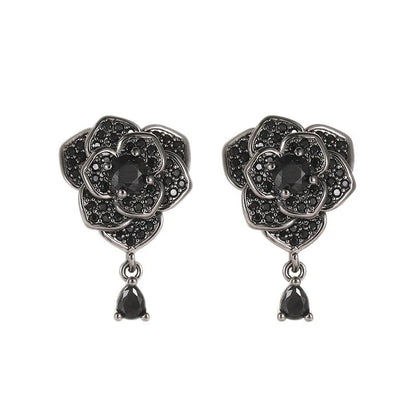 Black rose zircon flower stud earrings for women with 18K gold electroplating
