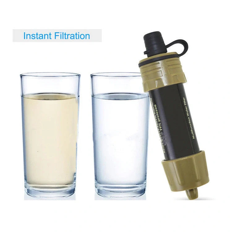 Compact portable water purifier straw with filter for outdoor adventures and emergencies.