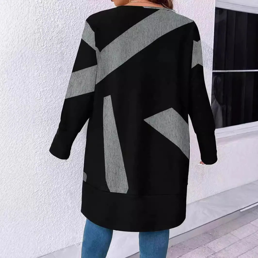 Black loose-fit plus size cardigan coat with button front and stitching print detail.