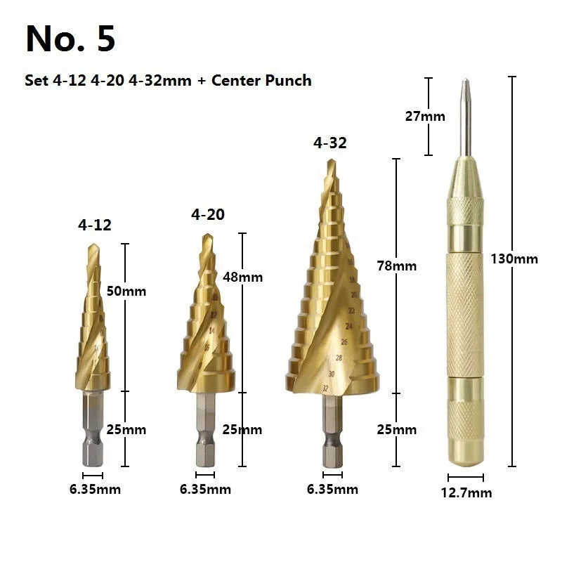 High-speed steel cone step drill bits and a centre punch laid out on a workbench.