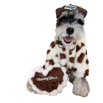 Pink plush warm coat on small dog showing British style design with polyester construction