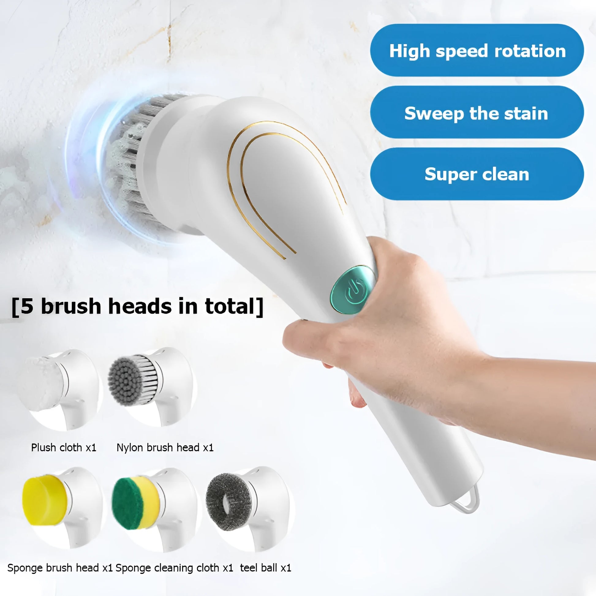 White cordless electric handheld scrubber with five attached brush heads on a kitchen counter