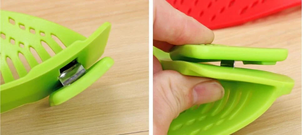 Silicone clip-on oil strainer with stainless steel support for kitchen use