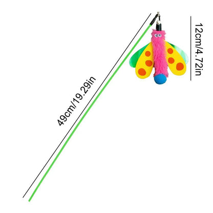 Cat wand toy with dragonfly attachment and bell on 49 cm blue ABS stick