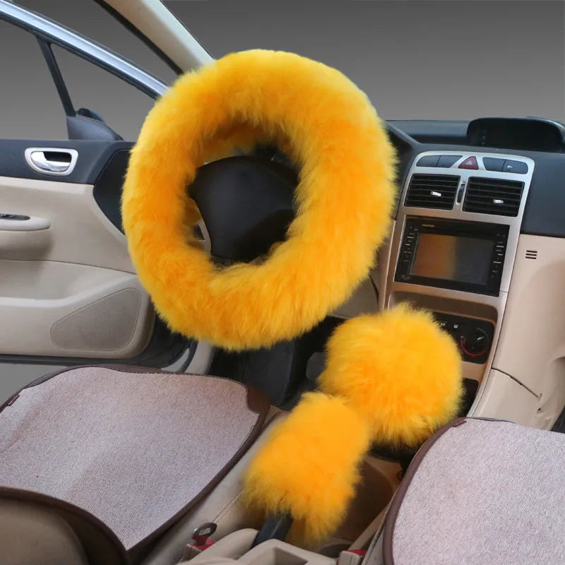 Wool steering wheel cover and handle cover set for car interiors