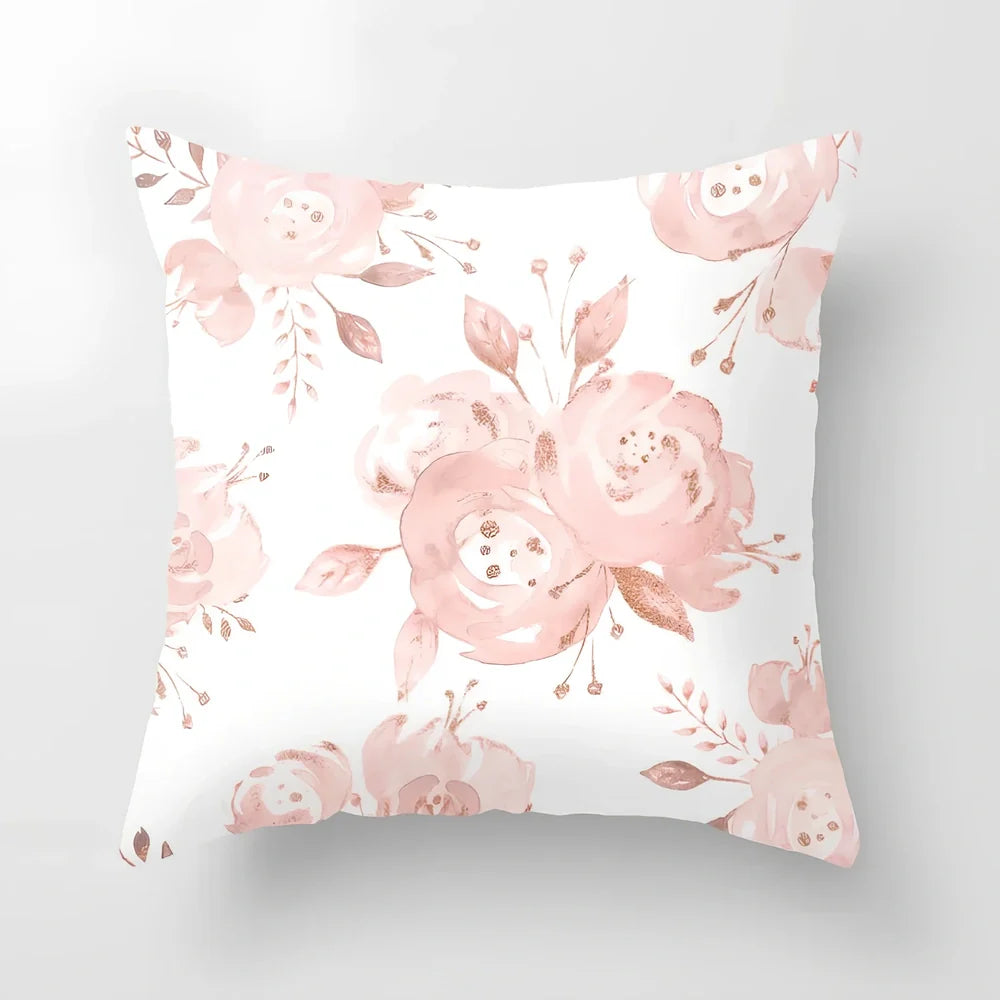 45cm square pink cushion cover with peach skin texture on sofa