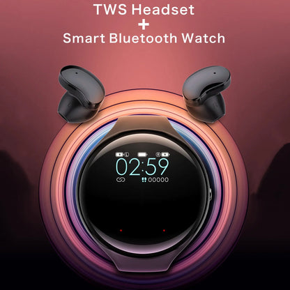 Black smart watch with detachable Bluetooth earphones docked on the side