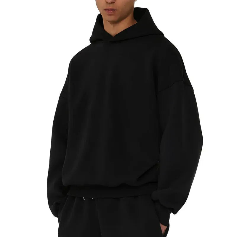 Men's grey fleece-lined cotton pullover hoodie with a wool lining and long sleeves