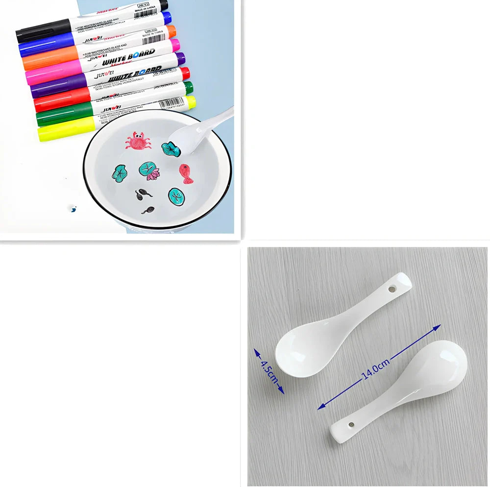 Children's floating water painting pens with oil-based colours and plastic spoon for creating temporary artwork