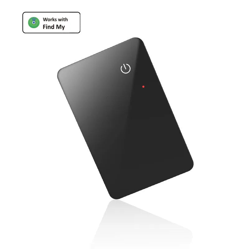 Black card-sized pet tracker with wireless charging and a hanging hole for collar attachment