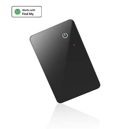 Black card-sized pet tracker with wireless charging and a hanging hole for collar attachment