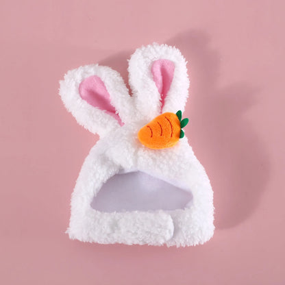 Plush cartoon rabbit ear pet hat in soft Polar Fleece, available in Carrot or Flower design, fits 28-35cm heads.