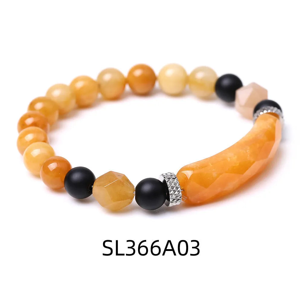 Handmade diamond-shaped cut black agate geometric bracelet showing fan-shaped bead arrangement.