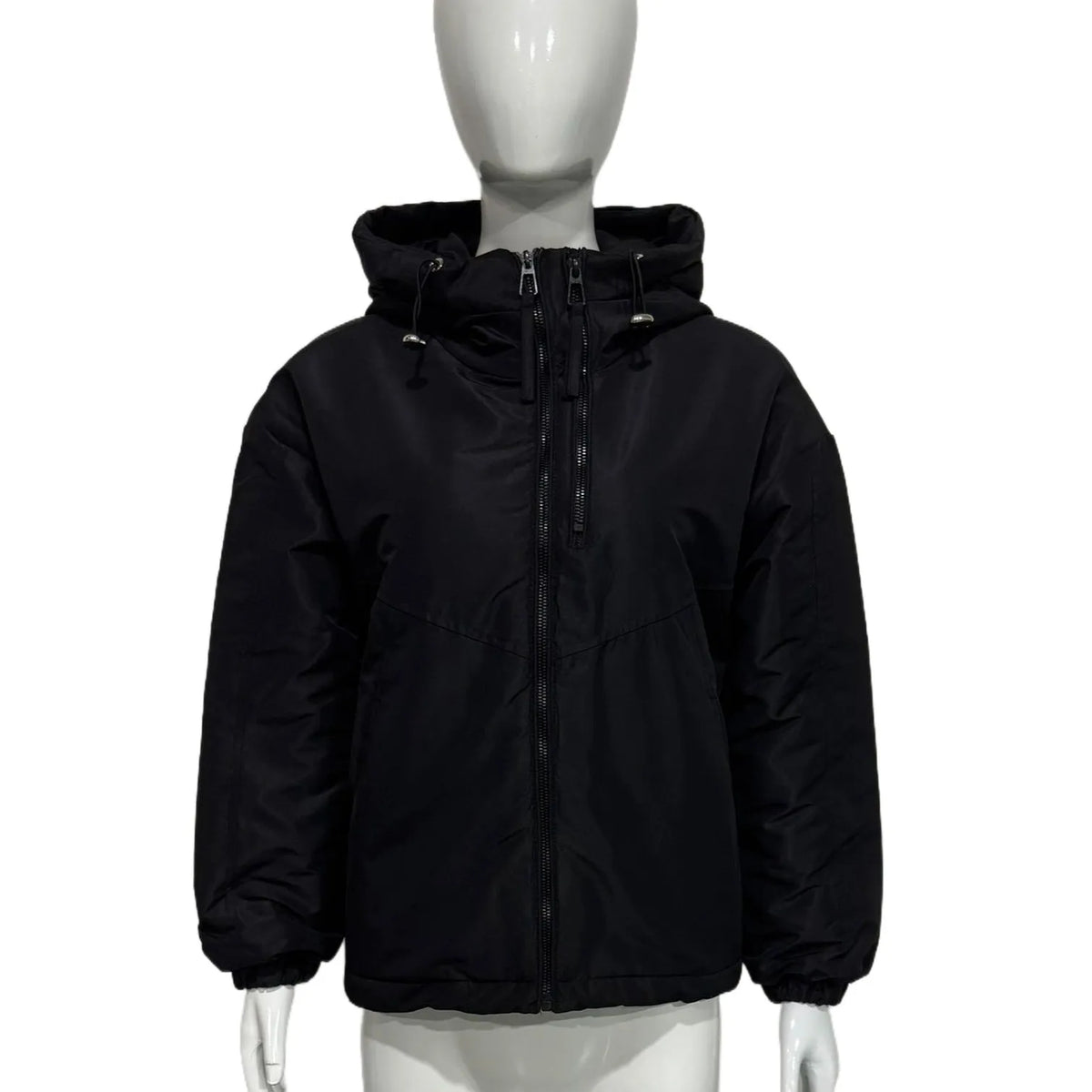 Women's loose-fit hooded shell jacket in black, grey, or purple.